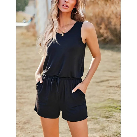 Women's Black Summer Solid Jumpsuit Loose Sleeveless Short Jumpsuit Rompers w - Picture 2 of 6